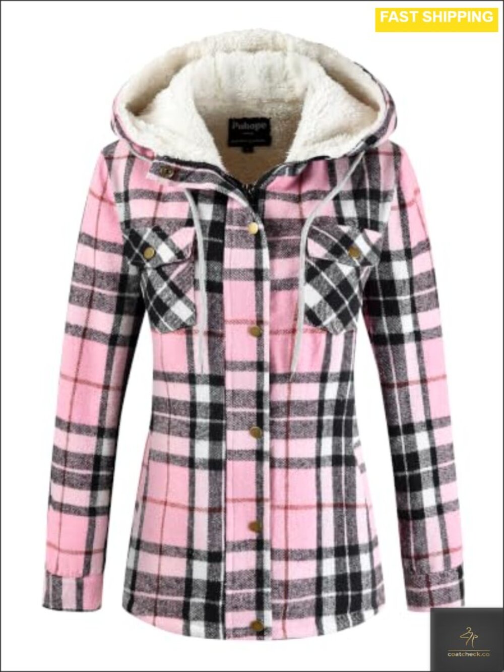 Plaid Sherpa Lined Hooded Fleece Jacket Coat
